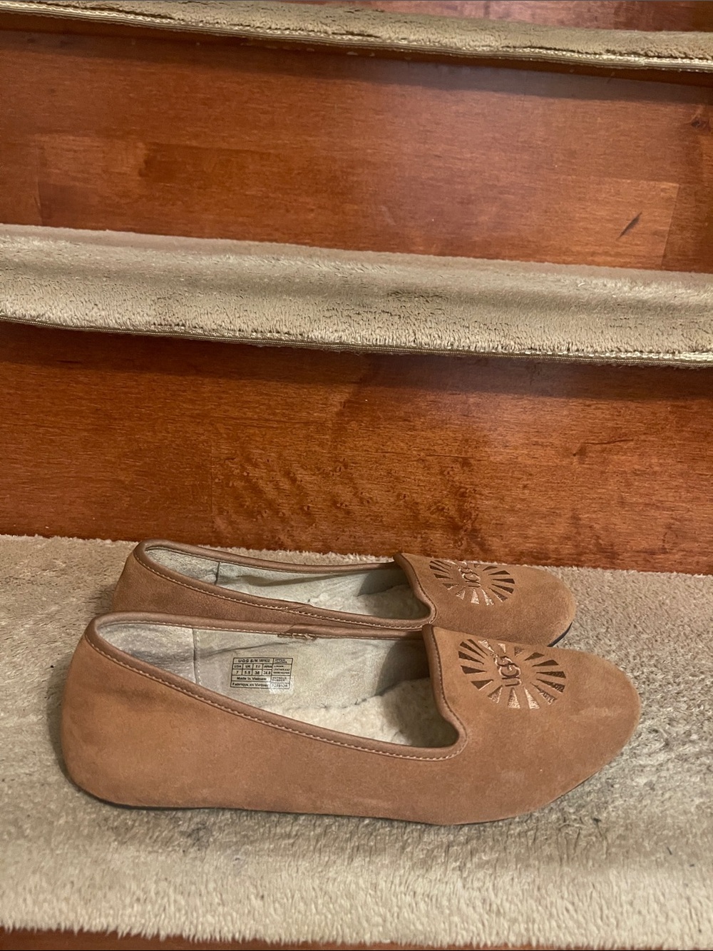 UGG Women's Chestnut Suede Slip-On Loafers with Laser-Cut Logo Size 7